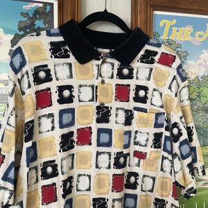 Vintage Penguin Sport Polo XL Golf All Over Print Abstract Squares 90s